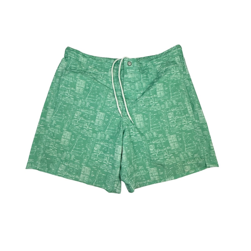 Southern Tide Water Shorts Mens Large Green Nautical Blueprint Swim Trunks Lined